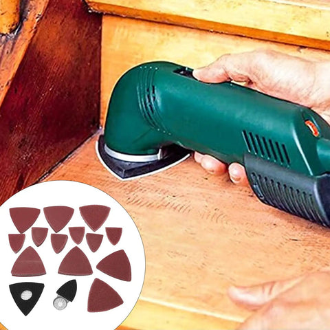 Heavy Duty Oscillating Tool Sanding Kit With Triangular Finger Pads And 100 Sandpaper Sheets in use on wood surface.