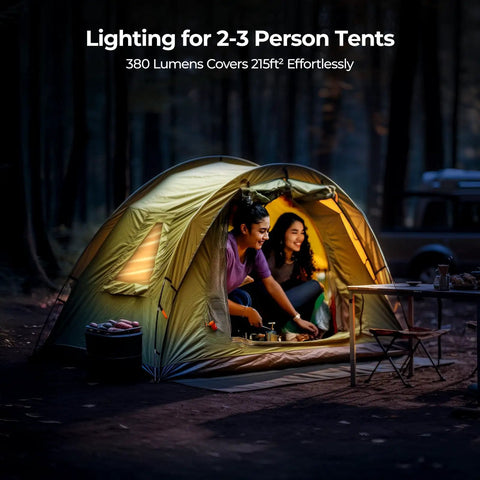 Movable Area Light For Camping And Emergencies Rechargeable 3200mAh Lantern illuminating a tent with people inside at night