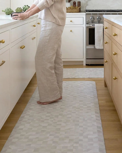 Person standing on Anti Fatigue Kitchen Floor Mat Three Quarters Inch Thick Ergonomic Bounce Back Foam Cushioned Mat For Kitchen