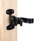 Flat Back Wall Mount Chain Link Fork Latch In Black For Outdoor Gates installed on wooden fence with screws and bolts visible