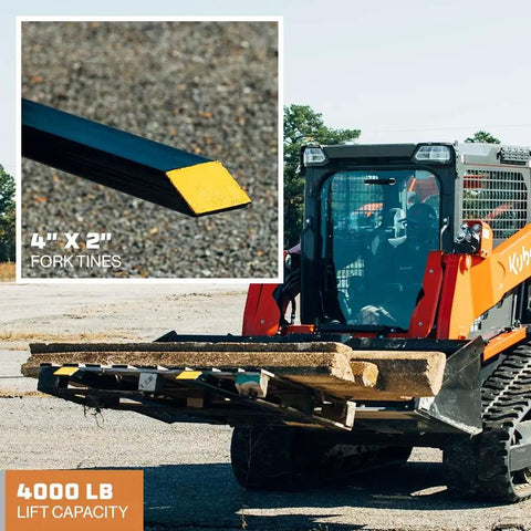 Beefy Medium-Duty Clamp-On Pallet Forks With Adjustable Stabilizer Bar on loader, 46 inch, 4,000 lb capacity, lifting materials