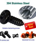 Anti Theft License Plate Screws Black Security Bolts Fasteners Kit For Front And Rear License Plate Frames Car Truck Motorcycle Mounting Hardware Quarter Inch M6 Stainless Steel Screws Caps And Nuts with oxidation blackening process, showing rustproof properties of 304 stainless steel compared to iron screws.