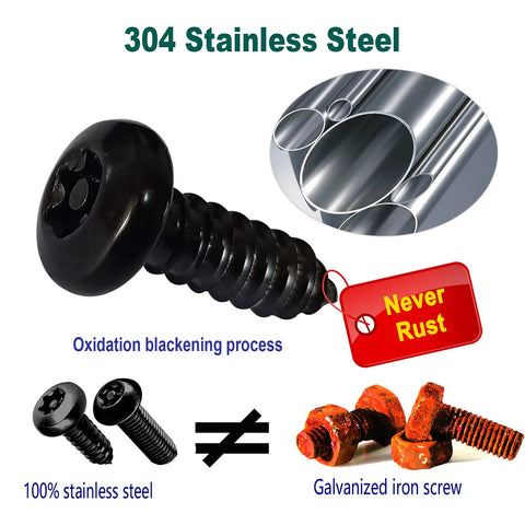 Anti Theft License Plate Screws Black Security Bolts Fasteners Kit For Front And Rear License Plate Frames Car Truck Motorcycle Mounting Hardware Quarter Inch M6 Stainless Steel Screws Caps And Nuts with oxidation blackening process, showing rustproof properties of 304 stainless steel compared to iron screws.