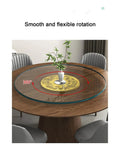 Glass Lazy Susan Turntable with Silent Aluminum Bearing on wooden dining table, showcasing smooth 360-degree rotation for easy dish passing.