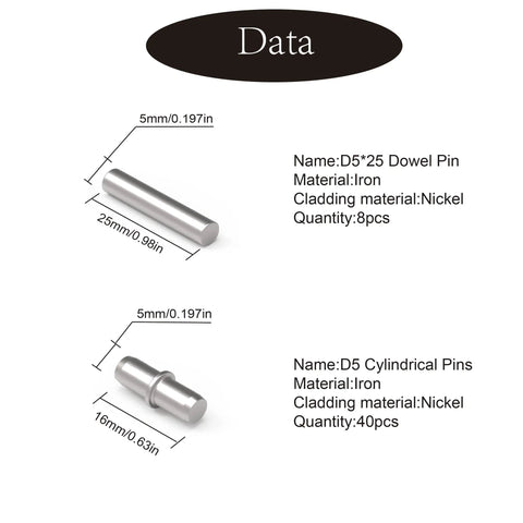 120 Piece Shelf Support Pegs Kit With Nickel Plated Pins, showing dimensions and materials of D5 dowel and cylindrical pins.