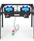 High Pressure Double Propane Burner Outdoor Camping Stove With 0-20 PSI Adjustable Regulator And Steel Braided Hose, 110000 BTU Total