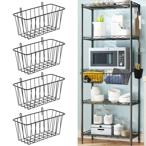 Four Pack Large Grid Wall Baskets with S Hooks for Garage or Display Shelves Heavy Duty Black Metal Gridwall Organizer Bins