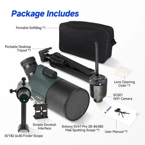 Mak Maksutov Spotting Scope Kit with finderscope, wifi camera, tripod, user manual, and soft bag 28-84x80mm travel telescope set