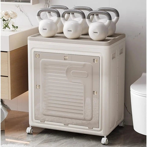 Heavy Duty Foldable Storage Bin With Lid Gray Extra Large 120L Capacity Wheels Smooth Glide, storing kettlebells in bathroom.