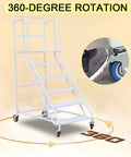 Dang Sturdy Six Step Rolling Ladder Easy Roll Mobility Non Slip Alloy Steel Climbing Platform For Warehouse Garage Library Shelving Heavy Duty Walking Rack White 880 Lb Weight with 360-degree rotation and close-up of wheel.