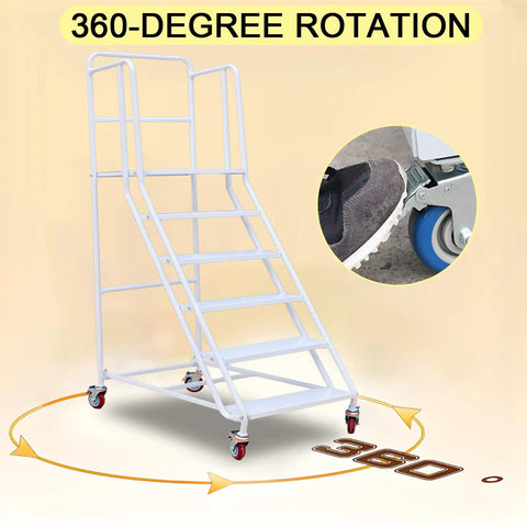 Dang Sturdy Six Step Rolling Ladder Easy Roll Mobility Non Slip Alloy Steel Climbing Platform For Warehouse Garage Library Shelving Heavy Duty Walking Rack White 880 Lb Weight with 360-degree rotation and close-up of wheel.
