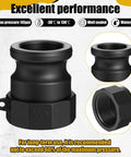 Six Piece Cam Lock Fittings Kit For Fast Grab-And-Go Connections On Hoses And Pipes, 1.5 Inch Black Polypropylene Couplings