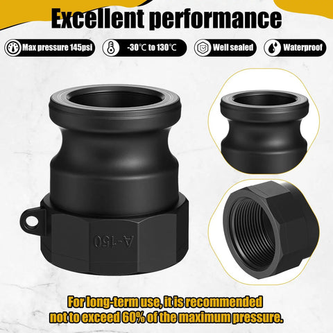 Six Piece Cam Lock Fittings Kit For Fast Grab-And-Go Connections On Hoses And Pipes, 1.5 Inch Black Polypropylene Couplings