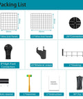 17 Cube Wire Closet Organizer Storage Shelves packing list with grid panels, connectors, snaps, zip ties, and hammer.