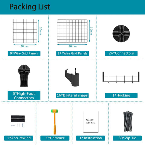 17 Cube Wire Closet Organizer Storage Shelves packing list with grid panels, connectors, snaps, zip ties, and hammer.