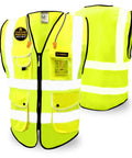 Next Level Hi Vis Safety Vest Class 2 Reflective Yellow Breathable Polyester 9 Pocket Front Cargo Setup With Dedicated Phone Compartment Built Different Workwear For Men, front and back view.
