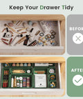 Before and after of Military Grade Drawer Organizer Set With 177 Item Capacity, 28 Piece 5 Sizes In Green for makeup storage.