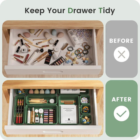 Before and after of Military Grade Drawer Organizer Set With 177 Item Capacity, 28 Piece 5 Sizes In Green for makeup storage.
