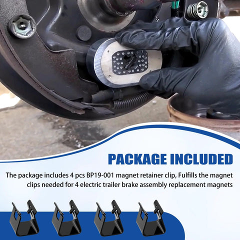 Houoto BP19-001 magnet retainer clip, metal, 4-pack for 10–12 in trailer brake magnets; installed on brake assembly