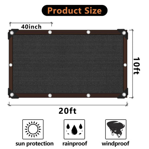 Outdoor Shade Cloth Net 80 To 90 Percent Sun Blocking HDPE With Reinforced Grommets 10x20 Ft size diagram showing dimensions