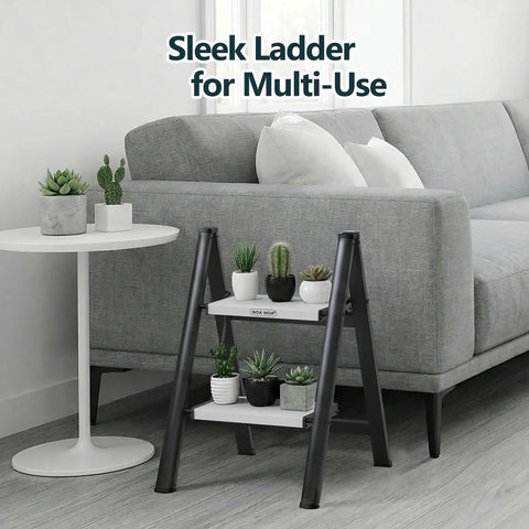 Foldable Two Step Ladder With 330 Pound Capacity Anti Slip Feet Sturdy Alloy Construction Compact Step Stool For Home Kitchen Closet Use Black And White, open in living room
