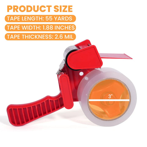 Packing Tape With Dispenser 2.6 Mil Thick 1.88 Inch By 55 Yard Heavy Duty Clear Box Tape with red dispenser side view
