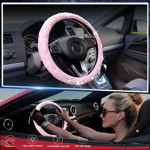 Cute As Heck Pink Steering Wheel Cover With Diamond Bling And Smooth Leather Grip fits 15 inch wheel, shown in car interior.