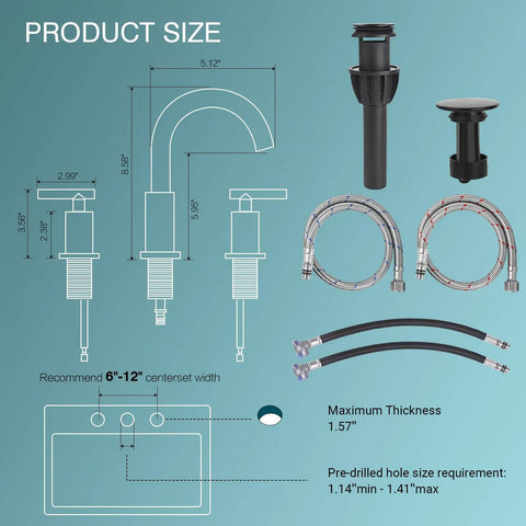 Matte Black Two Handle 8 Inch Widespread Bathroom Faucet For Vanity Sink With 360 Degree Swivel Spout 3 Hole Installation diagram