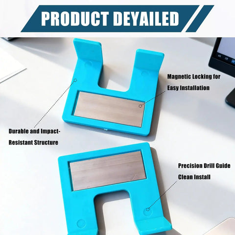 Self Clamping Hinge Jig for No Drill Door Installation With Magnetic Lock and Precision Mortise Template for Strike and Latch Plate shown on table