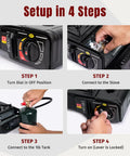 Setup steps for Dual Fuel Camping Stove Run On Butane Or Propane, Portable Outdoor Cooking Gear with adapter and carrying case