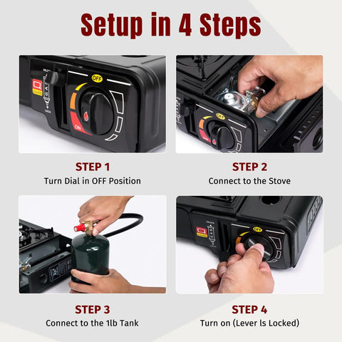 Setup steps for Dual Fuel Camping Stove Run On Butane Or Propane, Portable Outdoor Cooking Gear with adapter and carrying case