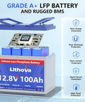 Close-up of Lithova 12.8V 100Ah LiFePO4 battery with Grade A+ protection features and rugged BMS displayed.