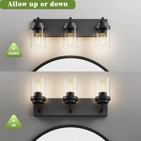 Three Light Matte Black Vanity Light With Clear Glass Shades For Bathroom Mirror Over Vanity 22 Inch Modern Wall Sconces