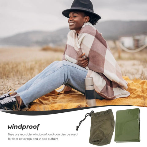 Person sitting with a blanket; inset of green Emergency Blanket Set with carry bag for outdoor warmth and survival.