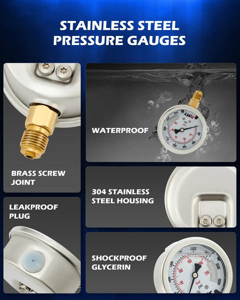 Hydraulic Pressure Test Kit With Three Gauges 3500 5500 9000 Psi, Eight Test Couplings, Quick Connector, Three Hoses, And Durable Case For Excavators And Construction Machinery, All In One Hydraulic Gauge Kit For Pro Grade Pressure Testing with stainless steel pressure gauges.