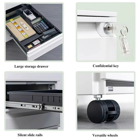 Close-up features of Compact Metal Rolling File Cabinet With Lock For Home Office, showing key lock, drawer, wheels, and slide rails.