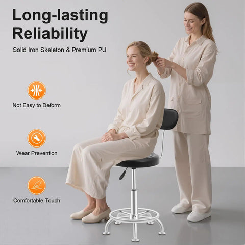 Woman sitting on a Round Black Hydraulic Swivel Shop Stool With Backrest, Adjustable Height in a hair studio setting.