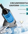 Kick It Cool With This Electric Wine Bottle Chiller That Locks In Frosty Temperatures Using Zero Ice And Smart Digital Controls portable single bottle cooler with blue cooling sleeve.