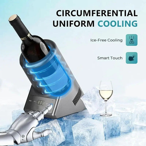 Kick It Cool With This Electric Wine Bottle Chiller That Locks In Frosty Temperatures Using Zero Ice And Smart Digital Controls portable single bottle cooler with blue cooling sleeve.