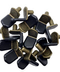 Glass Shelf Pegs In Bronze Tone Antique Bronze Finish For Cabinets Closets And Bookcases Bracket Style Pegs With Rubber Sleeve Six Millimeter One Quarter Inch Size Includes Thirty Pack. Close-up of bronze pegs with rubber sleeves in a pile, showing details and finish.