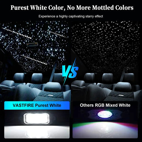 Lit Car Starlight Headliner Kit showcasing white fiber optic stars in car interior, comparison of purest white vs mixed lighting.