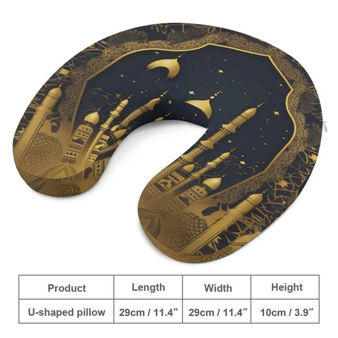 Eid Golden Mosque Travel Pillow With Memory Foam Neck Support, U shaped, 29x29x10cm, featuring golden mosque design on cover