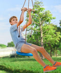 Child using 52 Ft Backyard Zipline Kit For Kids And Adults Up To 330 Lb With Quick Setup Swing Seat Handlebar Nylon Safety Harness outdoors