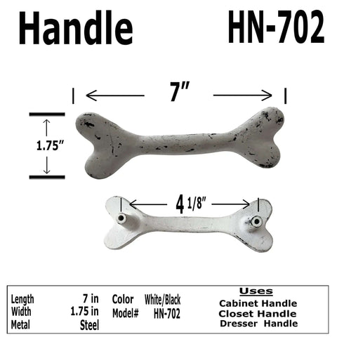 7 inch black white dog bone style cast iron handle for cabinets and dressers, model HN-702