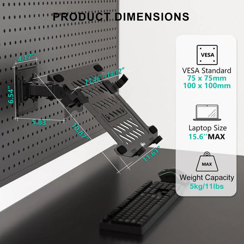 Ultra Top Notch Articulating Pegboard Mount For Laptops And Computer Screens Featuring Ventilated Trays No Sweat Wall Brackets Adjusts Smoothly with dimensions.