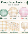 12 Pack Camp Bachelorette Paper Lanterns Set in Gingham Green Tan Pink shown with sizes and details