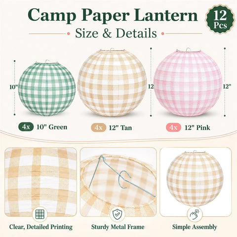12 Pack Camp Bachelorette Paper Lanterns Set in Gingham Green Tan Pink shown with sizes and details