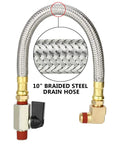 Air Compressor Tank Drain Assembly Kit With 10 Inch Braided Steel Hose, quarter inch valve, elbow fitting, and brass hex adapter.