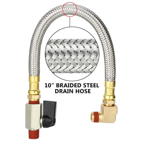 Air Compressor Tank Drain Assembly Kit With 10 Inch Braided Steel Hose, quarter inch valve, elbow fitting, and brass hex adapter.