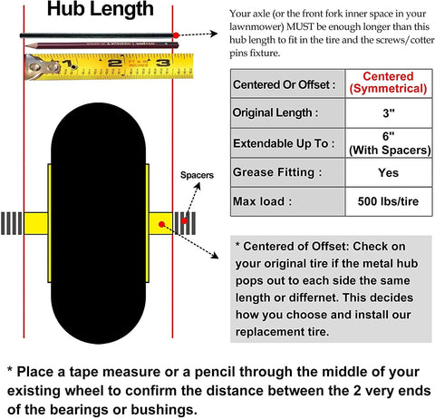 Diagram showing hub length measurement and specifications for Set Of Two Heavy Duty Solid Flat Free Tires For Wheelbarrow And Utility Cart, 4.80 4.00 8 Size.